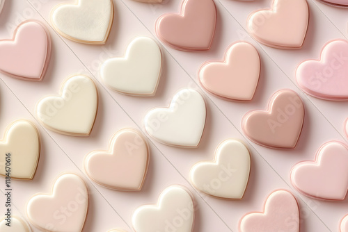 Delicate pastel hearts arranged in beautiful pattern create soft and inviting atmosphere, perfect for celebrations or romantic occasions