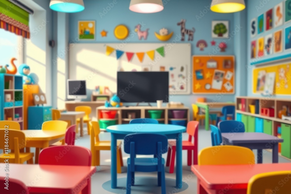 a classroom with colorful tables and chairs a classroom with colorful tables and chairs