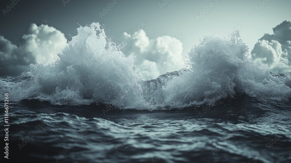 Fototapeta premium Dramatic ocean waves crashing under stormy sky.