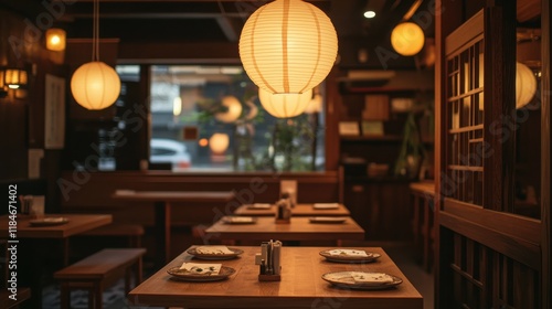 A cozy Japanese restaurant interior featuring wooden tables, paper lanterns, and minimalist with sushi plates beautifully arranged on the table.