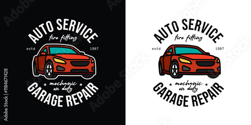 Car service emblem. Original vector illustration in vintage style. T-shirt design.