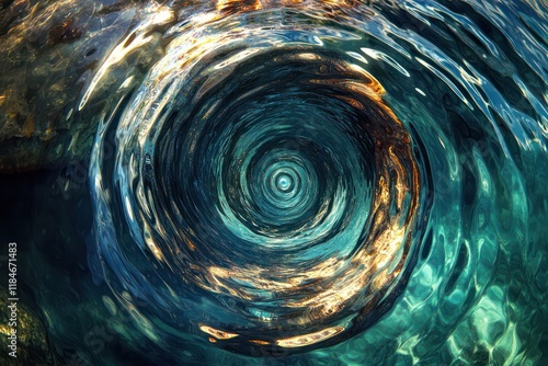 Spiraling fish with metallic hues, creating a whirlpool-like effect in crystal-clear ocean waters illuminated by gentle sunlight. photo