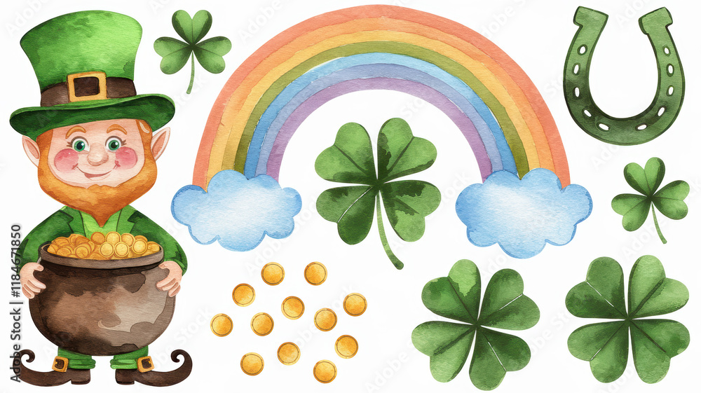 Naklejka premium St Patrick s Day Watercolor Leprechaun Rainbow Gold Clover Horseshoe