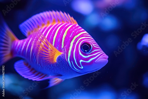 Spiral-patterned fish with glowing neon stripes, their vibrant colors contrasting against the deep blue ocean backdrop. photo