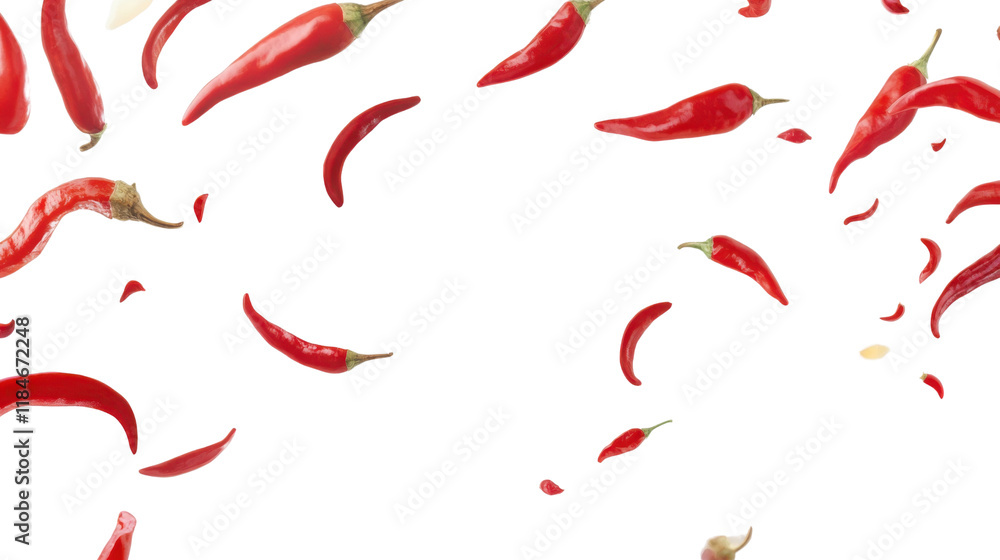 Falling red chili peppers isolated on white background Falling red chili peppers isolated on white background