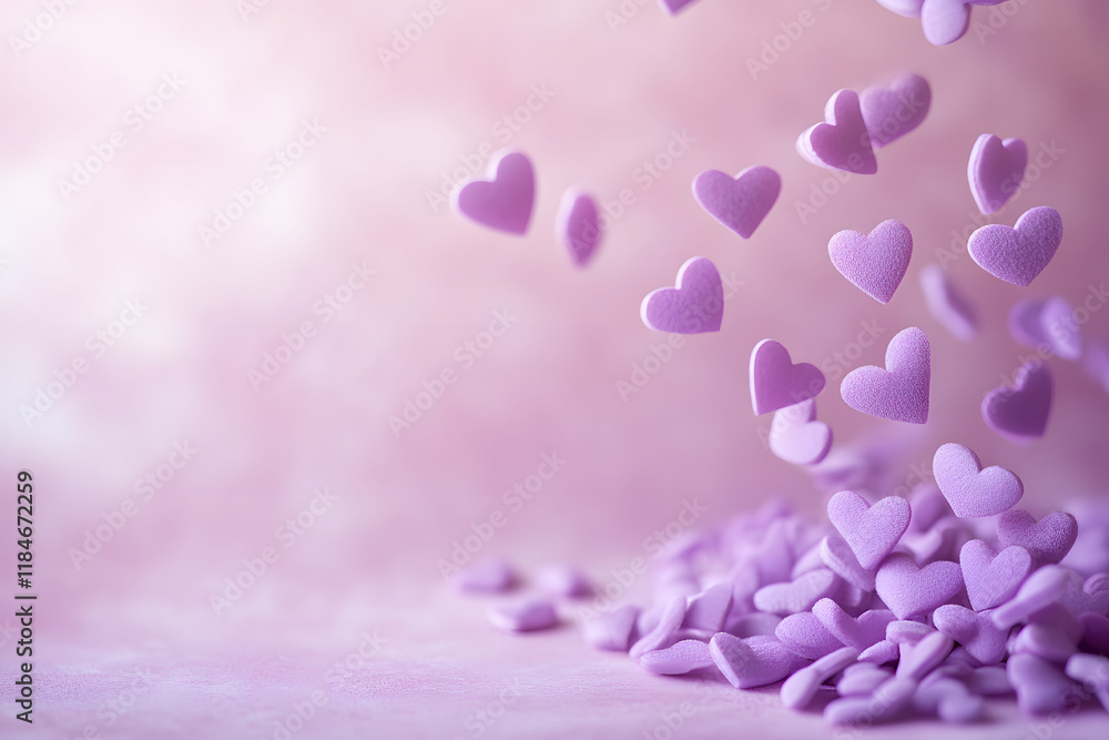Fototapeta premium Tiny pastel lilac hearts floating on creamy textured background create whimsical and romantic atmosphere, perfect for celebrations or decorations