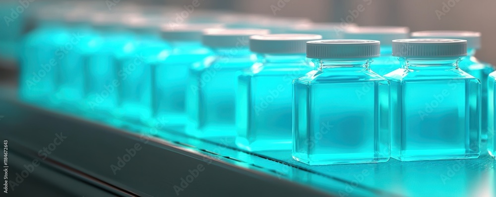 A row of clear glass vials filled with a vibrant blue liquid, illuminated under soft light, suggesting a laboratory or pharmaceutical setting. A row of clear glass vials filled with a vibrant blue liquid, illuminated under soft light, suggesting a laboratory or pharmaceutical setting.