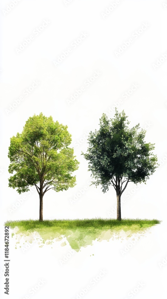 Fototapeta premium Two trees growing on watercolor grass patch