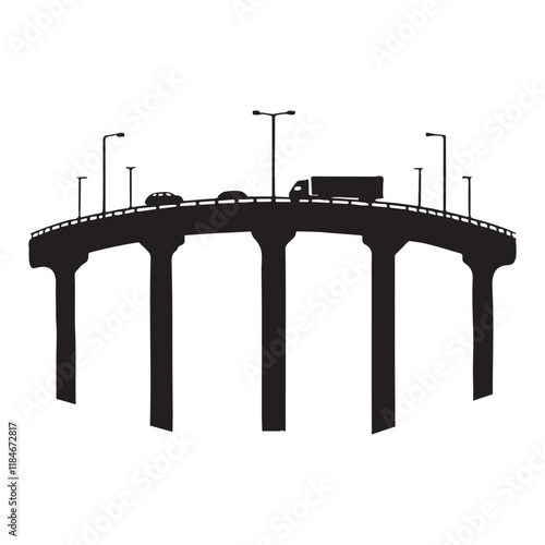 Curved Highway Bridge Silhouette Vector Illustration with Traffic