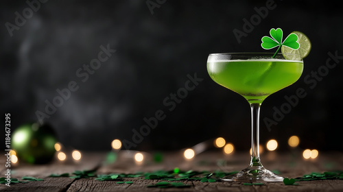 A vibrant green cocktail with a lime garnish and shamrock-themed stirrer sits on a wooden table, surrounded by clover confetti and glowing string lights, perfect for Saint Patrickâ photo