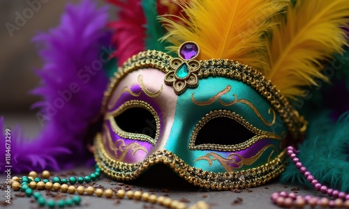 Colorful Mardi Gras Mask Adorned With Vibrant Feathers and Beads Perfect for Festive Decorations and Promotional Materials photo