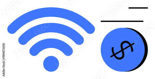 Blue wireless signal icon beside a dollar sign coin, accompanied by two horizontal lines, indicating speed. Ideal for finance, technology, internet services, online payments, digital economy, network