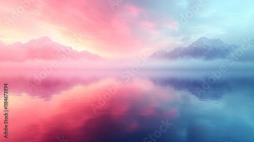 Dreamlike sunrise over misty mountains reflected in calm water.