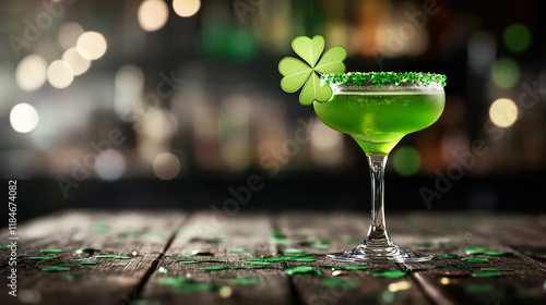 A refreshing green cocktail with a lime wheel and a delicate shamrock garnish rests on a wooden table, surrounded by festive clover-shaped confetti, ready for Saint Patrickâs Day f photo