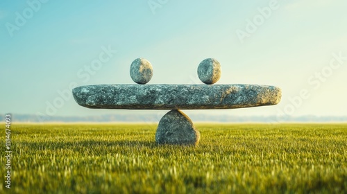 Balanced stones on grassy field, peaceful scene. photo