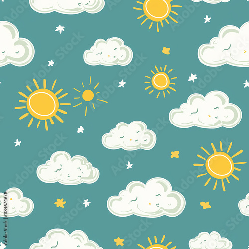 Bright and cheerful pattern of suns and clouds on a teal background.