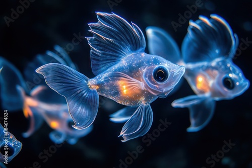 Transparent fish with luminous, tentacle-like fins, their bodies emitting a soft bioluminescent glow in the abyssal depths. photo