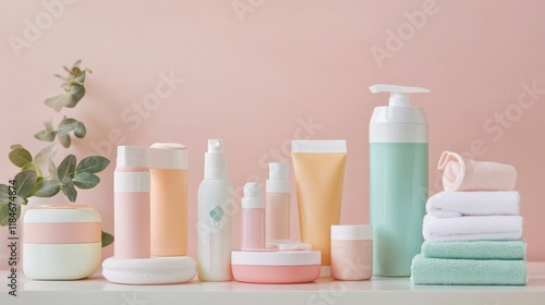 Pastel Pink Skincare Products Display with Towels and Plants
