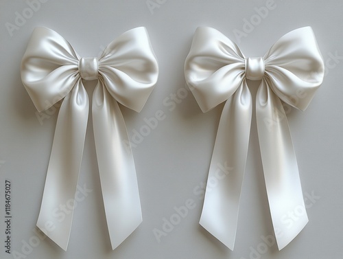 Two elegant white satin bows with long tails, perfect for decorations or gift wrapping.