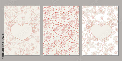 Set of cards with heart shape drawings. Valentine's day doodle illustrations. Hand drawn line art vector sketches.