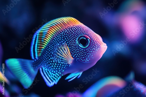 Twinkling, orb-shaped fish with soft neon hues, their glowing patterns reflecting ocean light. photo