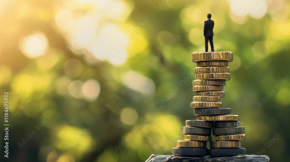Obraz premium Figure stands atop high coin stack, nature background.
