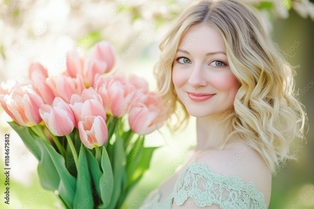 Fototapeta premium Smiling blonde woman holding pink tulips outdoors, surrounded by soft sunlight and blooming greenery