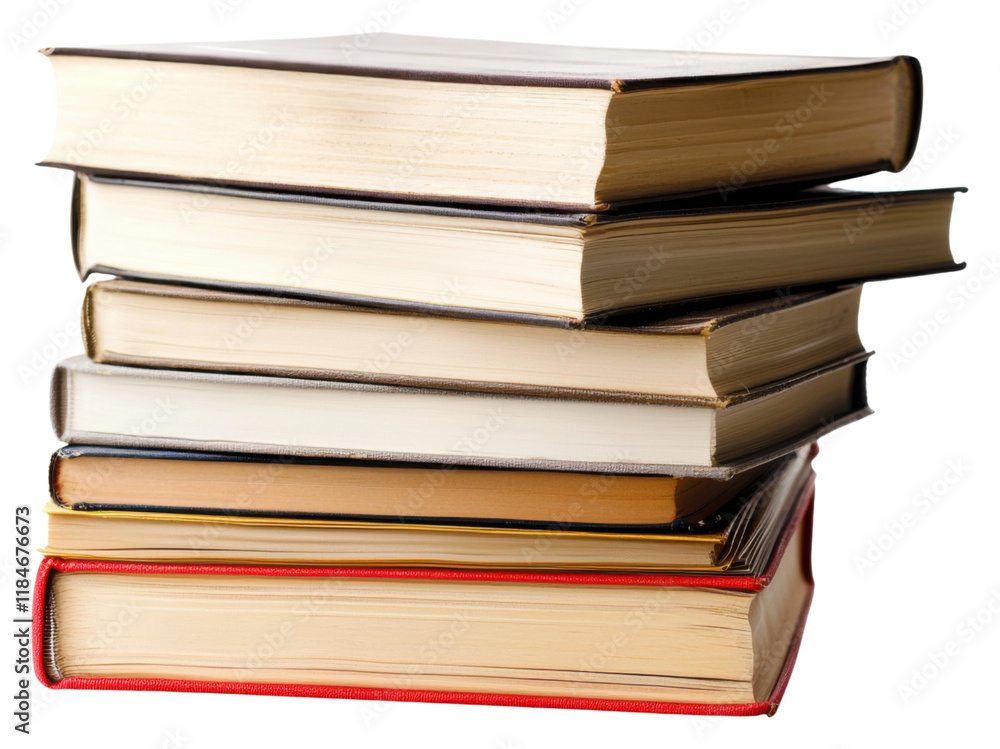 PNG A stack of six books with varied colors and sizes, showcasing their spines and pages. PNG A stack of six books with varied colors and sizes, showcasing their spines and pages.