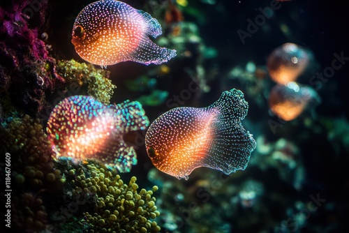 Unusual fish shaped like glowing spheres with tiny, shimmering fins, gently floating near a lush coral wall. photo