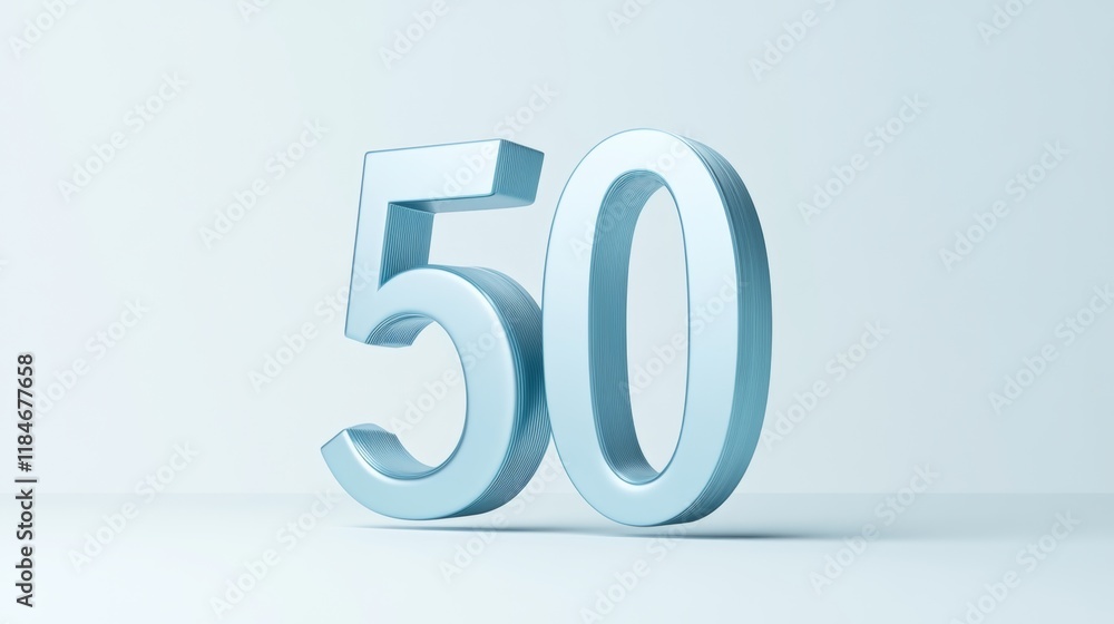 Metallic number 50 resting on pale blue background, signaling golden jubilee or major commemorative moment Metallic number 50 resting on pale blue background, signaling golden jubilee or major commemorative moment