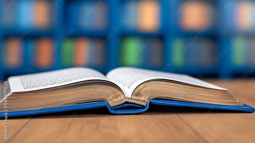 Close-up Photo: Open Book Resting Gently on Wooden Table, Library Background. AI Generated Close-up Photo: Open Book Resting Gently on Wooden Table, Library Background. AI Generated