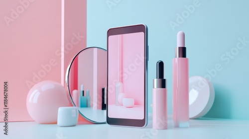 Pink Aesthetic Cosmetic Product Display with Geometric Shapes