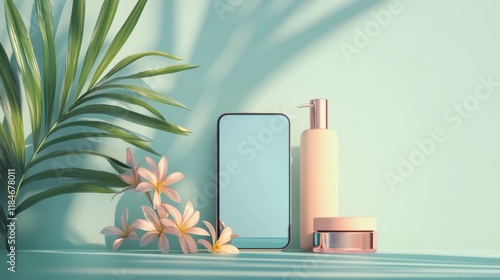Elegant Skincare Display with Tropical Accents