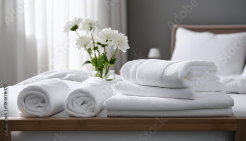 fresh white bedclothes and towels on bed