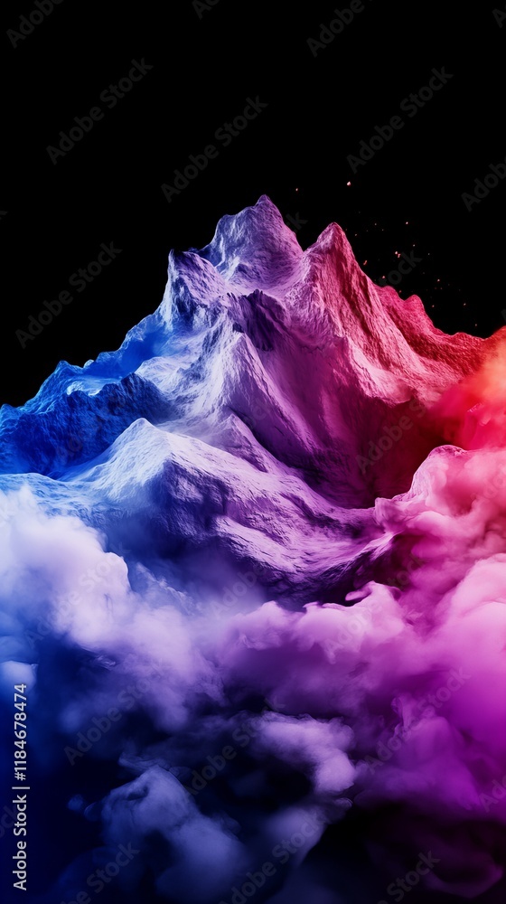 Obraz premium Dreamlike, colorful mountains rise above a sea of clouds. A vibrant, surreal landscape.