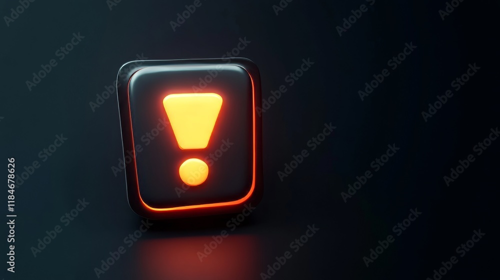 Glowing orange exclamation mark warning sign highlighting critical information against shadowy rectangular backdrop Glowing orange exclamation mark warning sign highlighting critical information against shadowy rectangular backdrop
