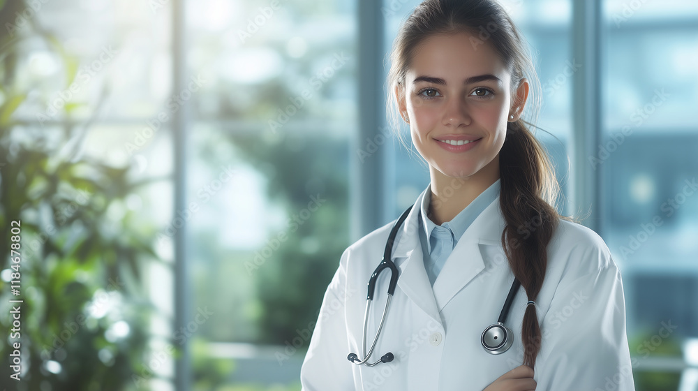 The young doctor holds her stethoscope with a bright and approachable smile, standing in front of a window overlooking a hospital garden. The young doctor holds her stethoscope with a bright and approachable smile, standing in front of a window overlooking a hospital garden.