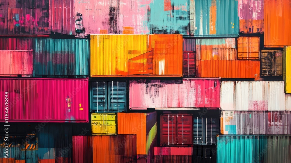 Fototapeta premium Abstract composition of shipping containers with vibrant graffiti, urban art elements blending with industrial setting