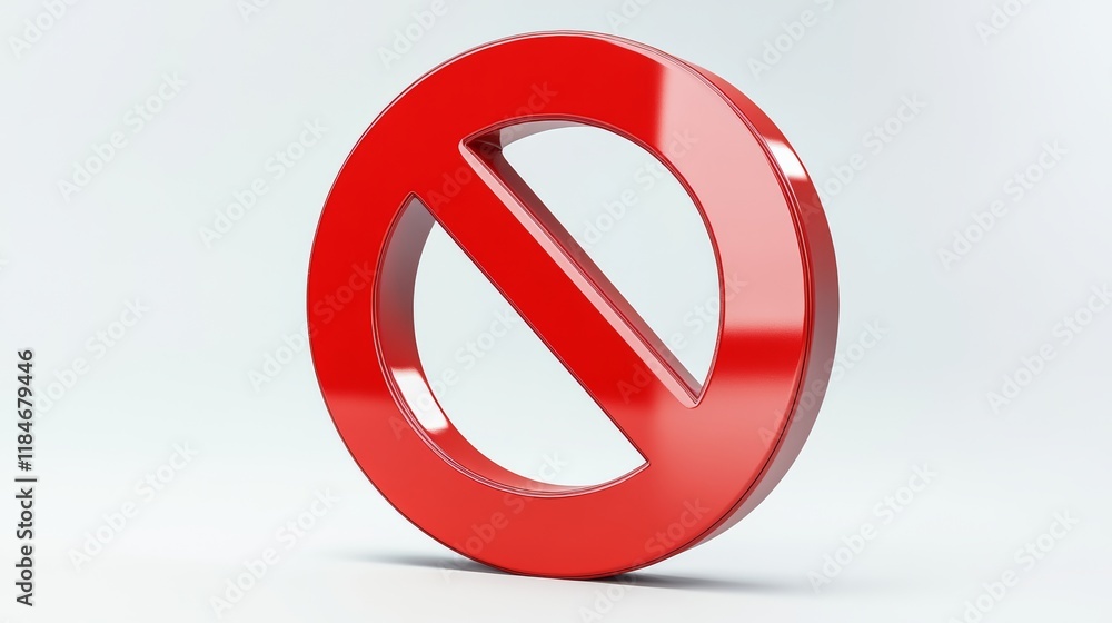 Glossy red prohibition sign blocking access, symbolizing restriction on clean white surface Glossy red prohibition sign blocking access, symbolizing restriction on clean white surface