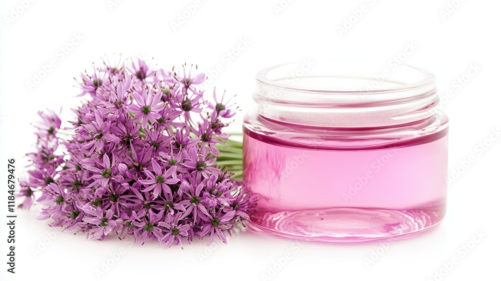 Delicate Purple Flowers and Pink Liquid in a Jar - Beautiful Floral Still Life Delicate Purple Flowers and Pink Liquid in a Jar - Beautiful Floral Still Life