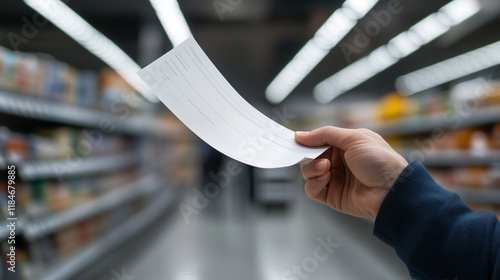 A shopperâs hand holds a long white receipt over a nearly full cart, the receipt's print clear and sharp, while the supermarket's bright lights and shelves fade into the background photo