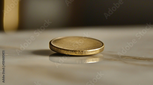 A lone shiny coin balanced on its edge, symbolizing chance and choice, with a blurred empty space on the side, evoking the uncertainty of decisions in the face of chaos