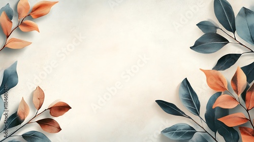 Elegant teal and terracotta leaves frame a blank space