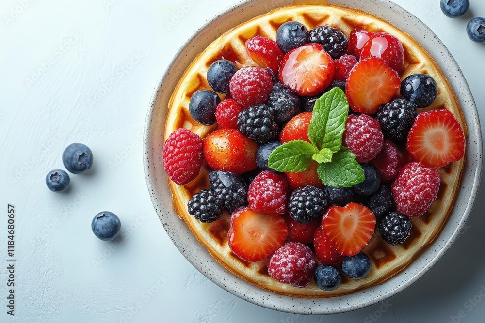 golden belgian waffles topped with fresh mixed berries and drizzled with maple syrup perfect breakfast food photography on clean white background golden belgian waffles topped with fresh mixed berries and drizzled with maple syrup perfect breakfast food photography on clean white background