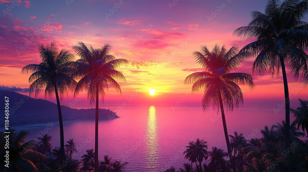 A vibrant sunset over a tropical beach, framed by palm trees and reflecting on the water. A vibrant sunset over a tropical beach, framed by palm trees and reflecting on the water.