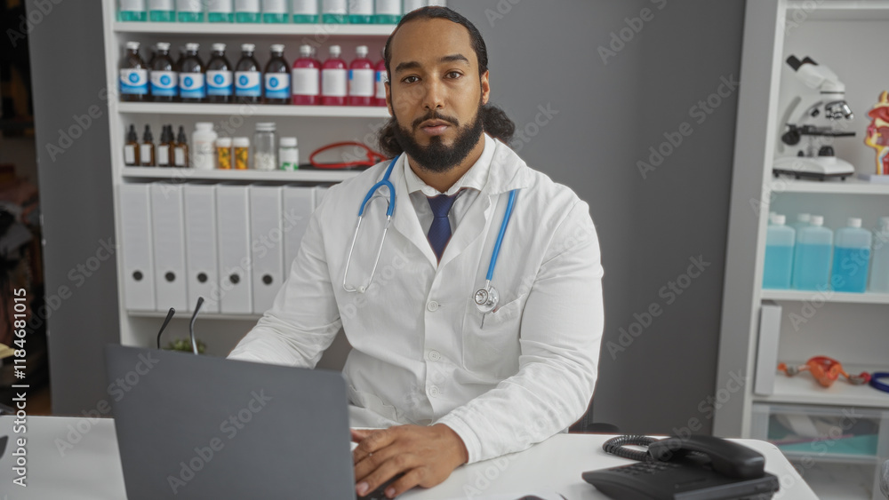 Man with beard and stethoscope in clinic working on laptop in modern hospital room with shelves of medical supplies and equipment. Man with beard and stethoscope in clinic working on laptop in modern hospital room with shelves of medical supplies and equipment.