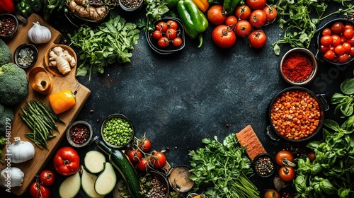 Modern kitchen with a variety of fresh vegetables and ingredients on the counter, vibrant and clean 