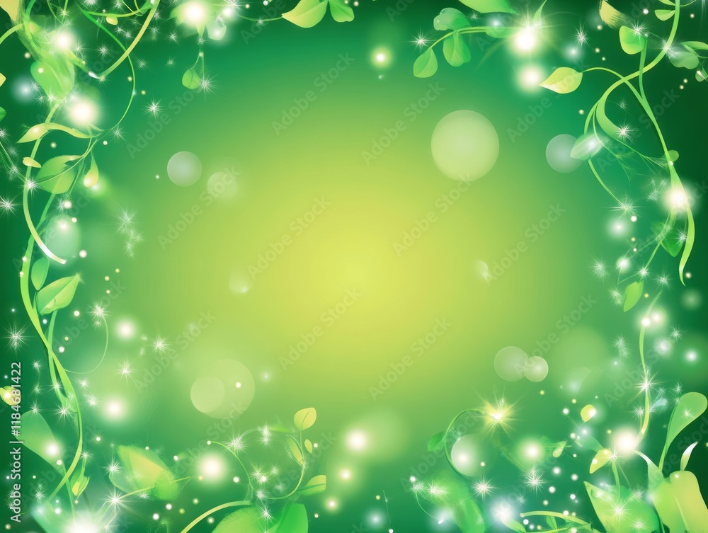 Green leaves glowing sparkles nature background design Green leaves glowing sparkles nature background design