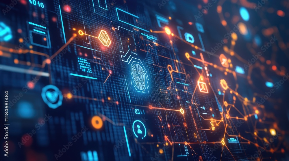 Futuristic cybersecurity interface displaying connected symbols, glowing lines, data streams, and encryption elements representing a secure digital network Futuristic cybersecurity interface displaying connected symbols, glowing lines, data streams, and encryption elements representing a secure digital network