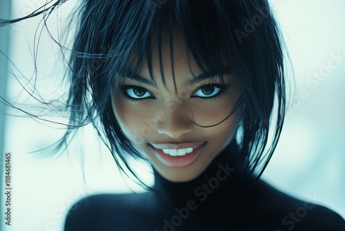 Attractive happy black girl - for ads, marketing material and web use. Commercial commercial idea. Short hairdo - straight hair. African american portrait look. Black model. Bold black woman. photo